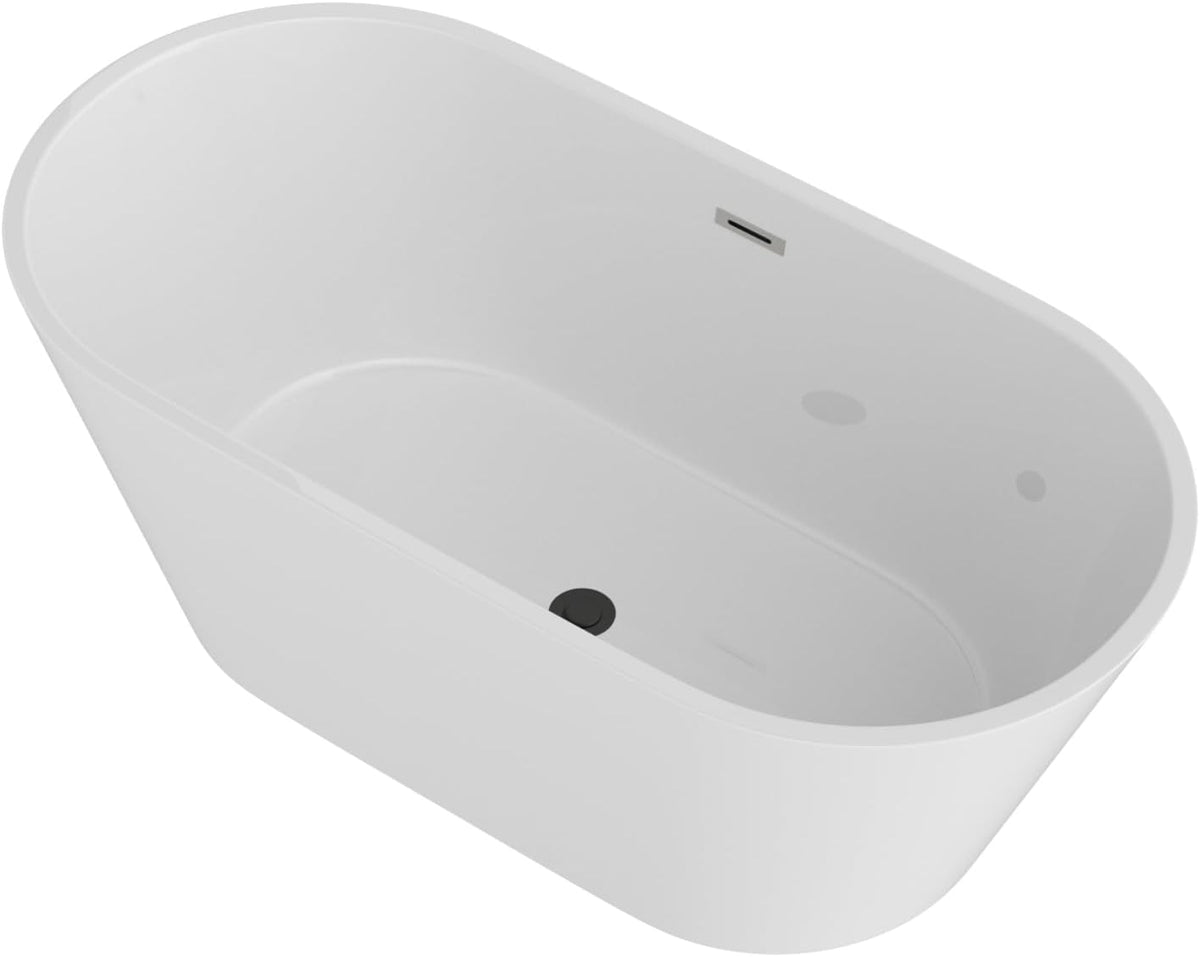 Lordear 59'' White Acrylic Oval Freestanding Bathtub with Overflow and Drain