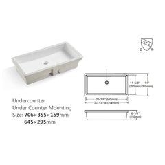 Lordear 27x14-Inch White Rectangular Ceramic Undermount Bathroom Sink