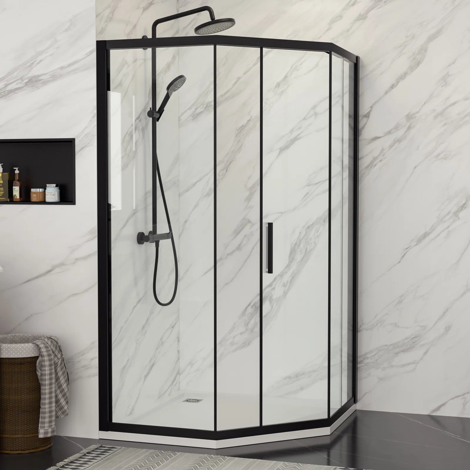 Lordear 42x76 Inch Neo-Angle Framed Pivot Sliding Corner Clear Tempered Glass Shower Door