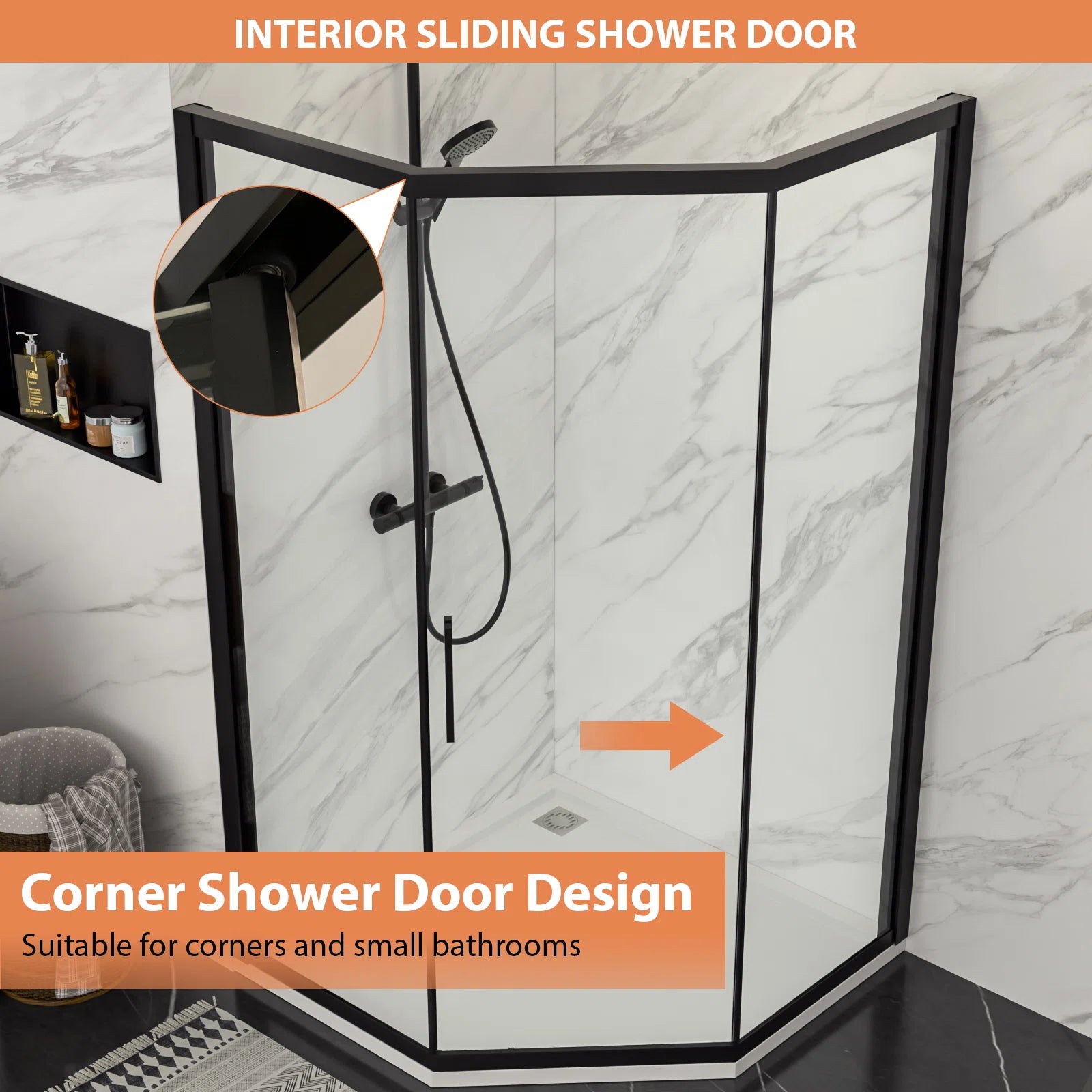 Lordear 42x76 Inch Neo-Angle Framed Pivot Sliding Corner Clear Tempered Glass Shower Door