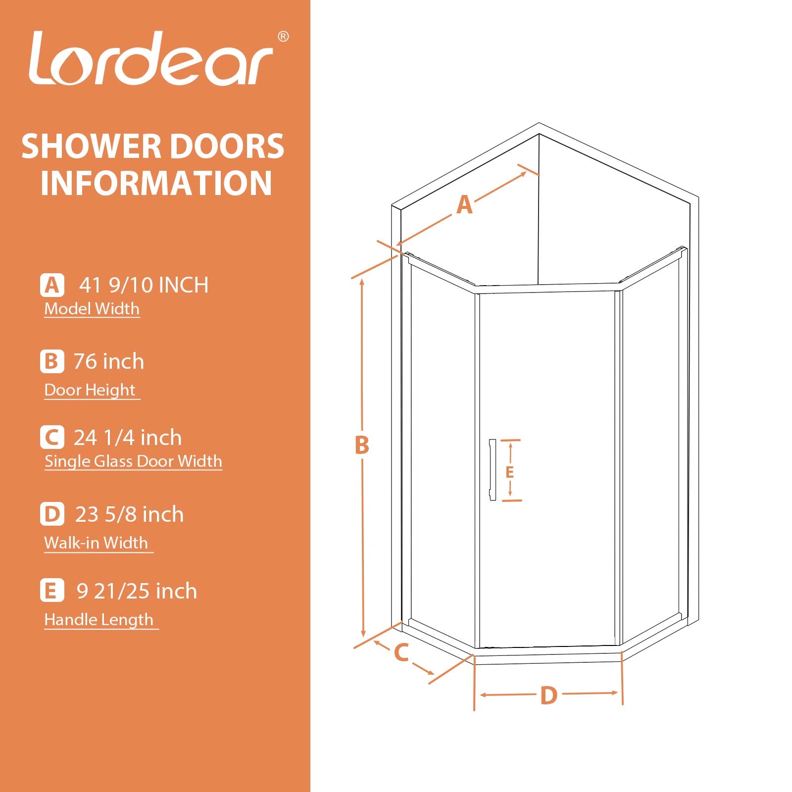 Lordear 42x76 Inch Neo-Angle Framed Pivot Sliding Corner Clear Tempered Glass Shower Door