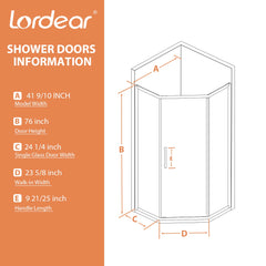 Lordear 42x76 Inch Neo-Angle Framed Pivot Sliding Corner Clear Tempered Glass Shower Door
