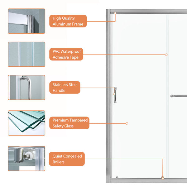 48in W x 72in H Frameless Bypass Sliding Shower DoorBathroom Tempered Glass Shower Door with Handle-Polished Chrome  from Lordear