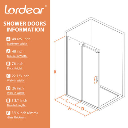 48in W x 76in H Frameless Rolling Shower Door Sliding Tempered Glass Shower Door Bathroom Glass Door-Brushed Nickel  from Lordear