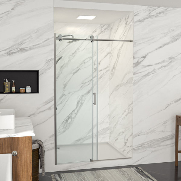 48in W x 76in H Frameless Rolling Shower Door Sliding Tempered Glass Shower Door Bathroom Glass Door-Brushed Nickel | Lordear