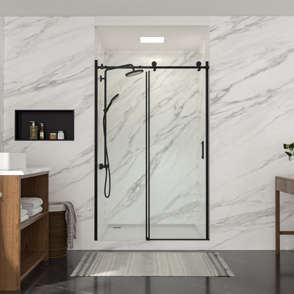 48in W x 76in H Frameless Rolling Shower Door Sliding Tempered Glass Shower Door Bathroom Glass Door-Matte Black  from Lordear