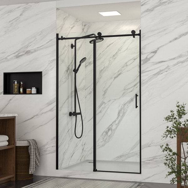 48in W x 76in H Frameless Rolling Shower Door Sliding Tempered Glass Shower Door Bathroom Glass Door-Matte Black  from Lordear