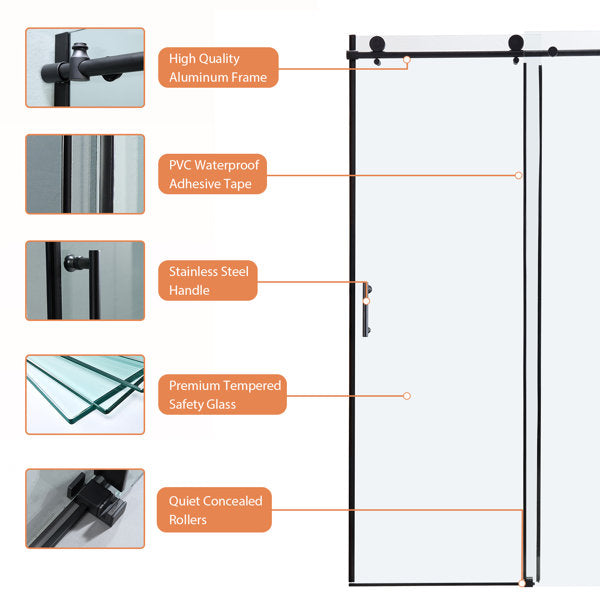 48in W x 76in H Frameless Rolling Shower Door Sliding Tempered Glass Shower Door Bathroom Glass Door-Matte Black  from Lordear