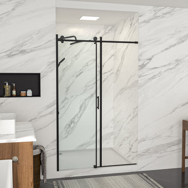 48in W x 76in H Frameless Rolling Shower Door Sliding Tempered Glass Shower Door Bathroom Glass Door-Matte Black  from Lordear