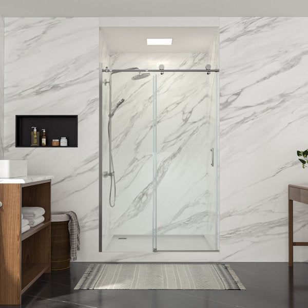 48in W x 76in H Frameless Rolling Shower Door Sliding Tempered Glass Shower Door Bathroom Glass Door-Polished Chrome  from Lordear