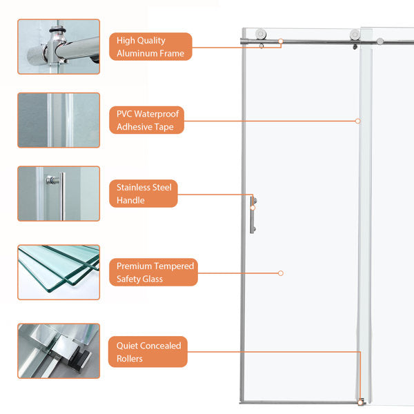 48in W x 76in H Frameless Rolling Shower Door Sliding Tempered Glass Shower Door Bathroom Glass Door-Polished Chrome  from Lordear