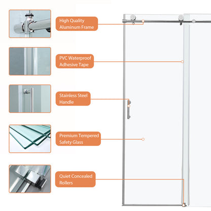 48in W x 76in H Frameless Rolling Shower Door Sliding Tempered Glass Shower Door Bathroom Glass Door-Polished Chrome  from Lordear