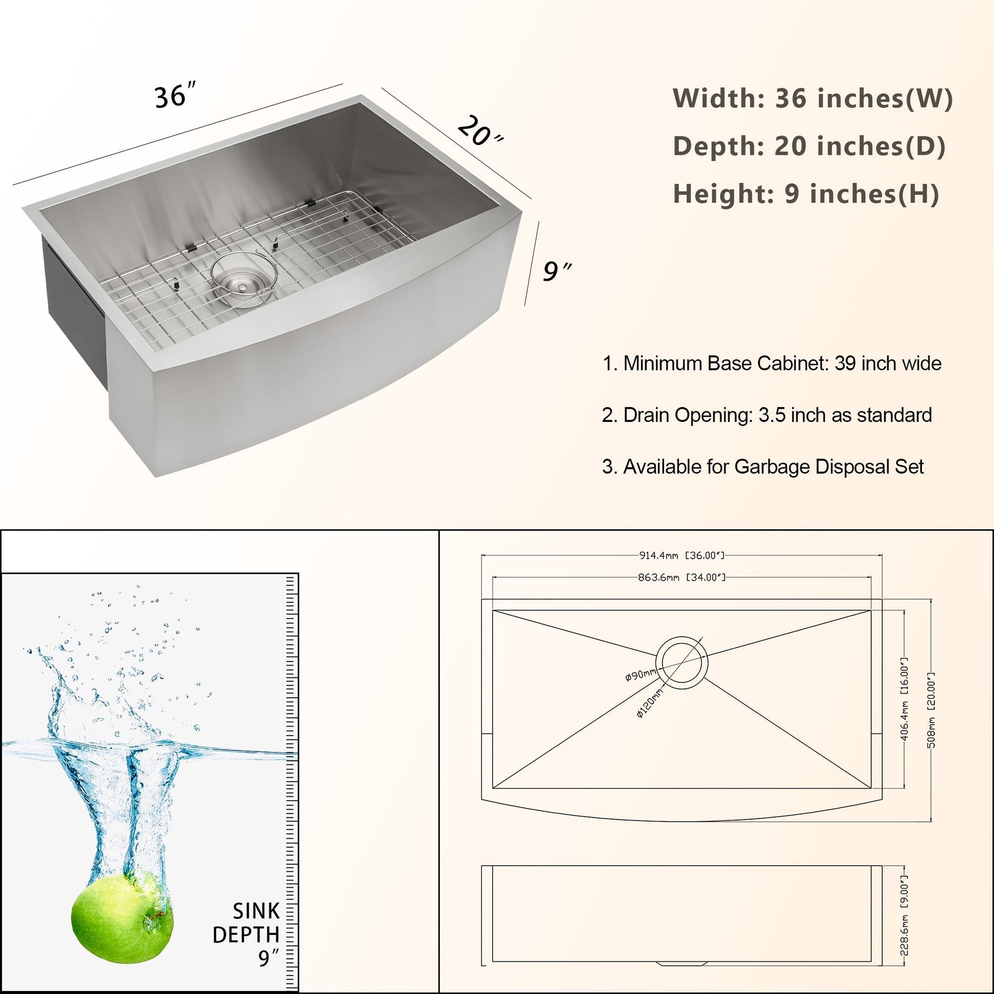 36 Inch Farmhouse Sink 18 Gauge Stainless Steel Kitchen Sink Undermount Single Bowl Sink with Bottom Grid and Strainer  from Lordear