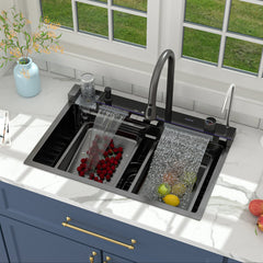 Lordear  33 Inch Undermount Single Bowl Waterfall Stainless Steel Workstation Kitchen Sink With Faucet