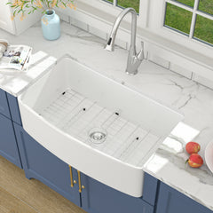 Lordear 33'' White Ceramic Curved Apron Fireclay Farmhouse Sink