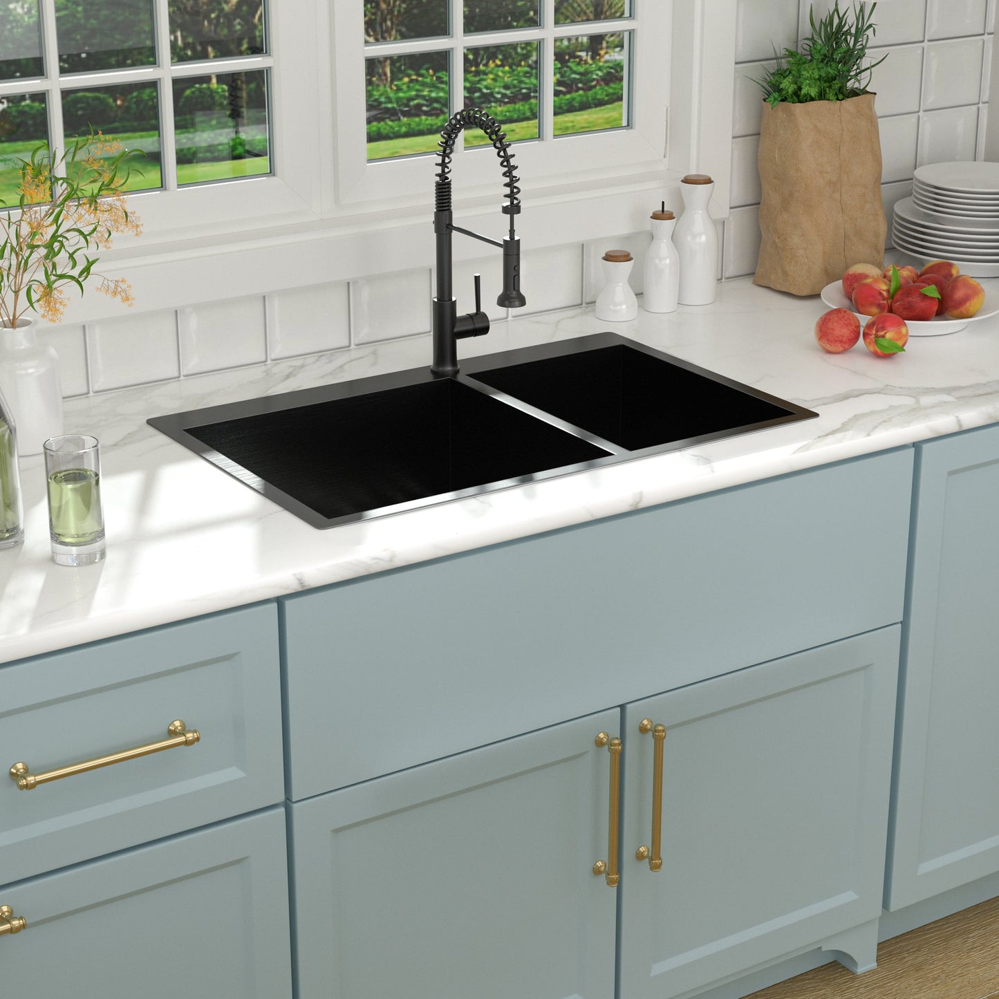 Lordear 33in L x 22in W Double Basin Drop-In Kitchen Sink | Kitchen Drop-in Sink | Lordear