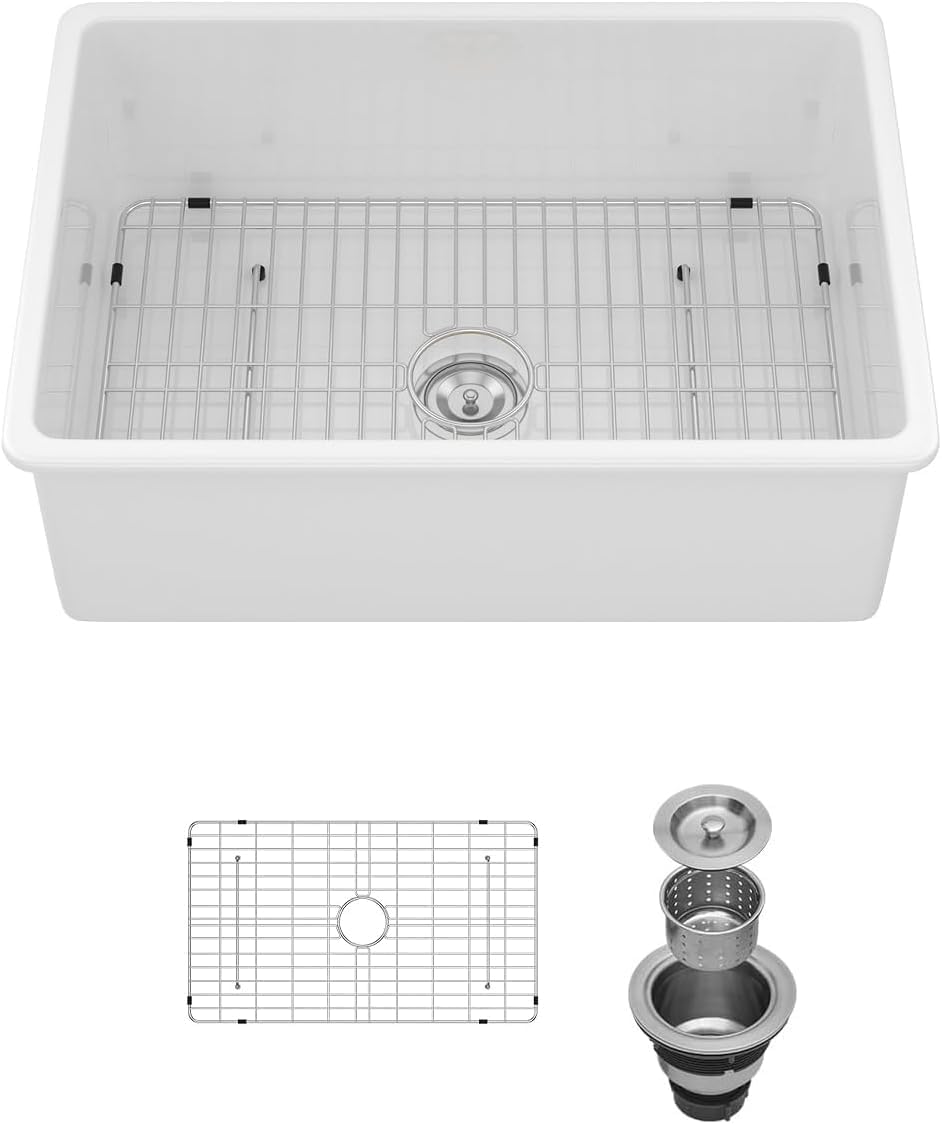 Lordear White Ceramic Undermount Single Bowl Fireclay Farmhouse Sink