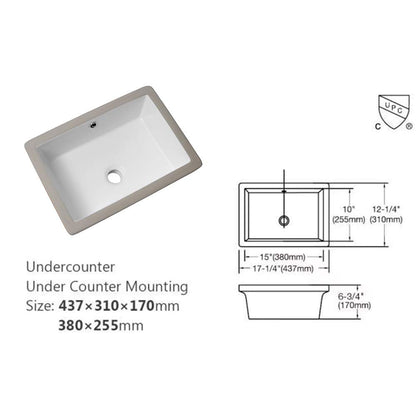 Lordear Undermount Bathroom Sink 17x12 Inch | Pure White Porcelain Ceramic Vanity Basin with Overflow - Durable Rectangle Design  from Lordear