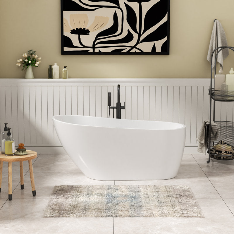 Lordear 59.0 White Acrylic Backrest Freestanding Soaking Tub with Overflow and Drain