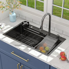 Lordear 33'' x 19'' Drop-in Single Bowl Waterfall Stainless Steel Workstation Kitchen Sink - Push Button Upgrade