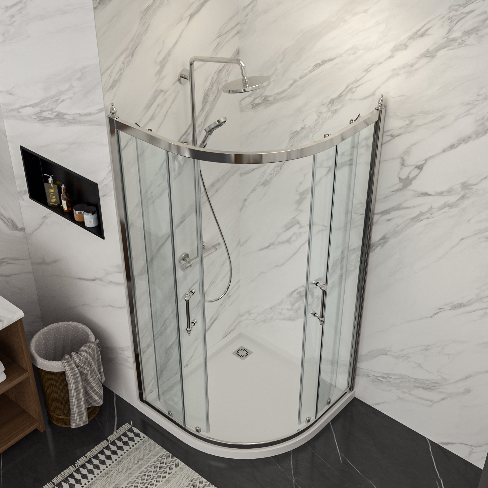 Lordear Tempered Glass Frameless Neo-Round Double Sliding Clear Bathroom Shower Door