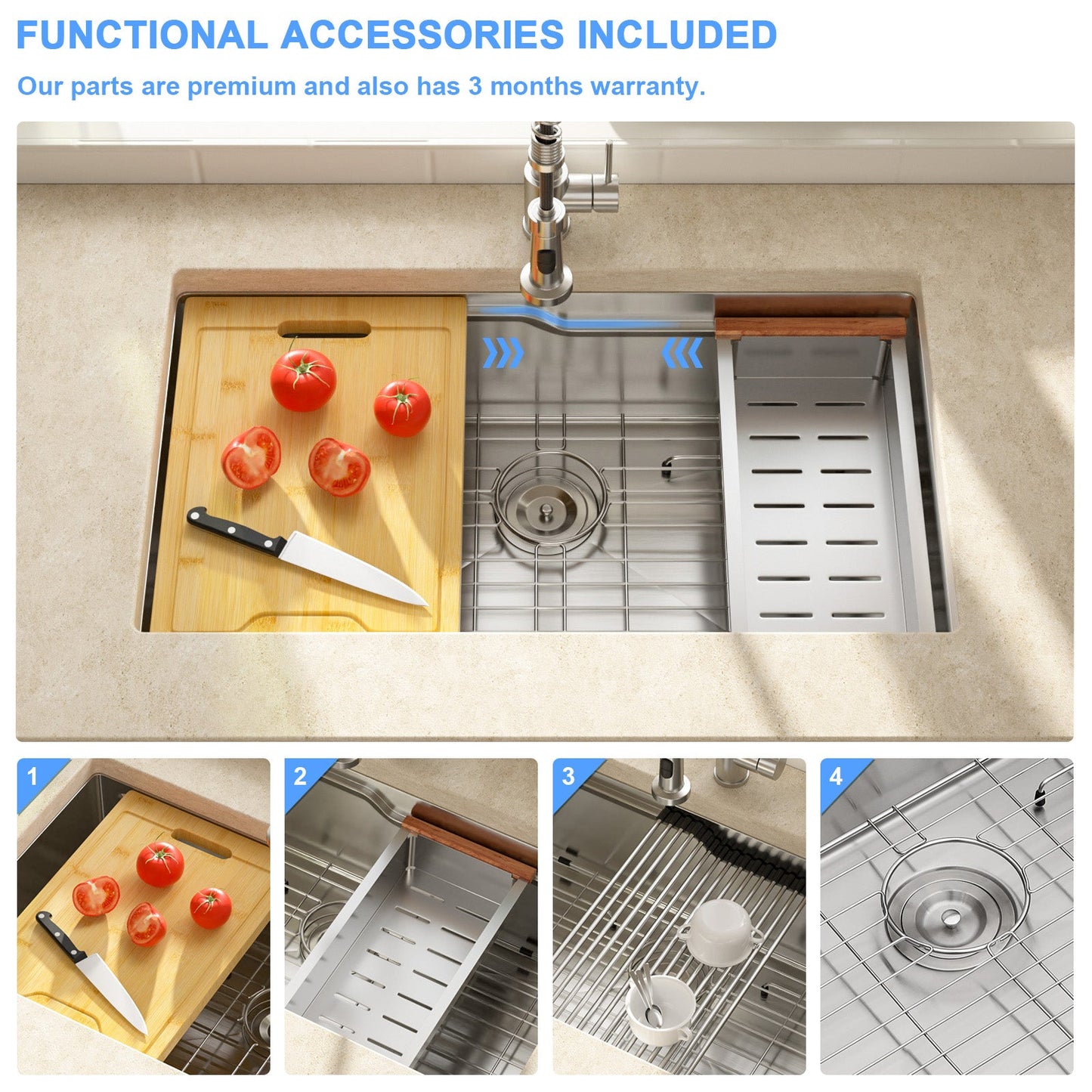 33 Inch Undermount Kitchen Sink 16 Gauge Stainless Steel Kitchen Sink Single Bowl Kitchen Sink Workstation Sink with Z-Shape Single-Tier Track  from Lordear