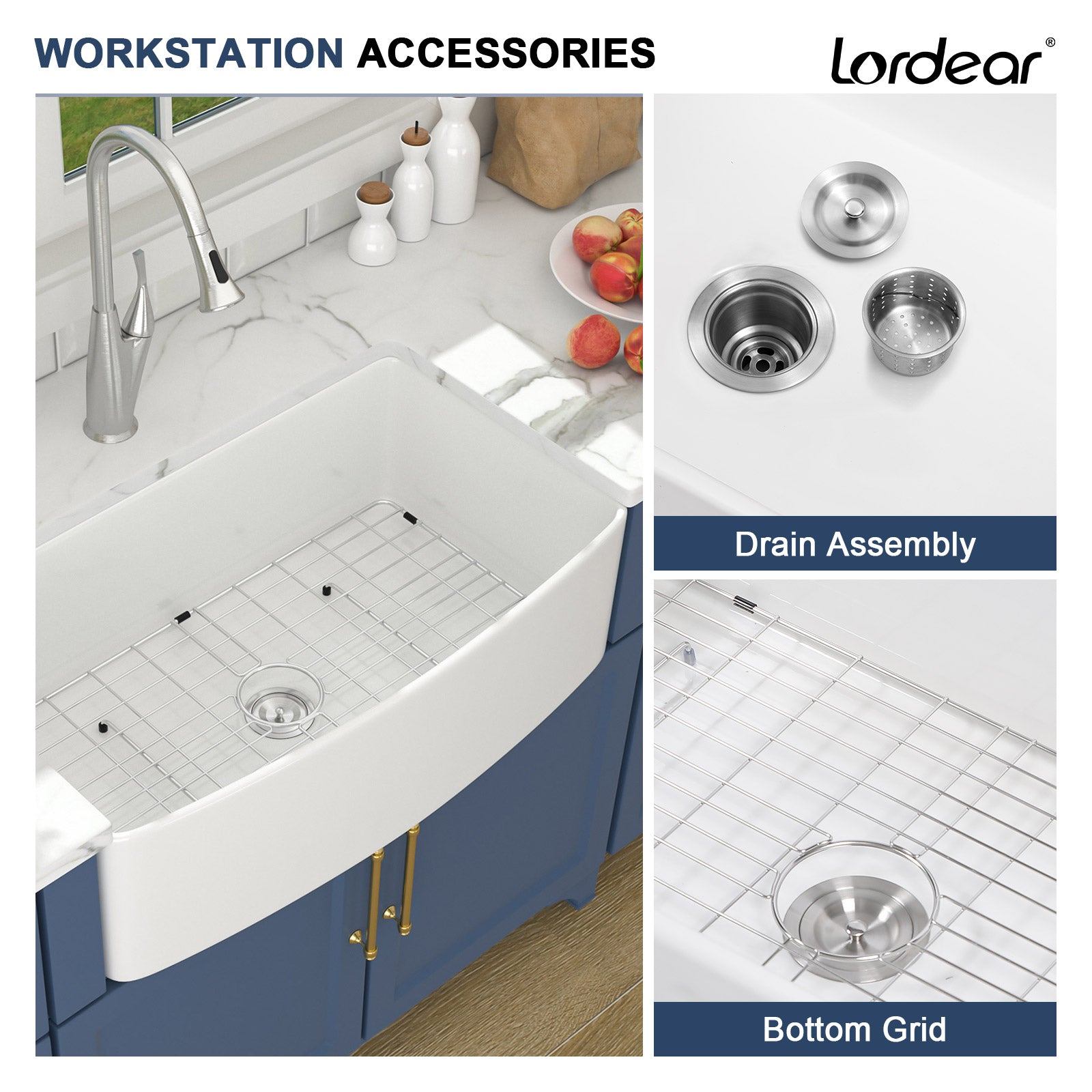 Lordear 33'' White Ceramic Curved Apron Fireclay Farmhouse Sink