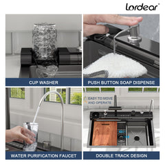 Lordear Drop-in Single Bowl Waterfall Stainless Steel Workstation Kitchen Sink with Digital Display in Honeycomb Finish