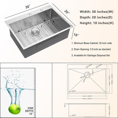 30 Inch Drop In Kitchen Sink 16 Gauge Stainless Steel Single Bowl Sink with Bottom Grid and Strainer  from Lordear