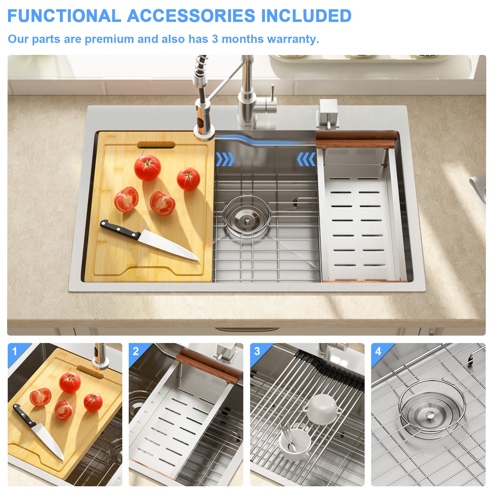 Lordear 33 x19 Inch Drop In Worksation Kitchen Sink Single Bowl Stainless Steel Sink Topmount Z-Shape Single-Tier Track Design Workstation Sink with Cutting Board and Colander  from Lordear