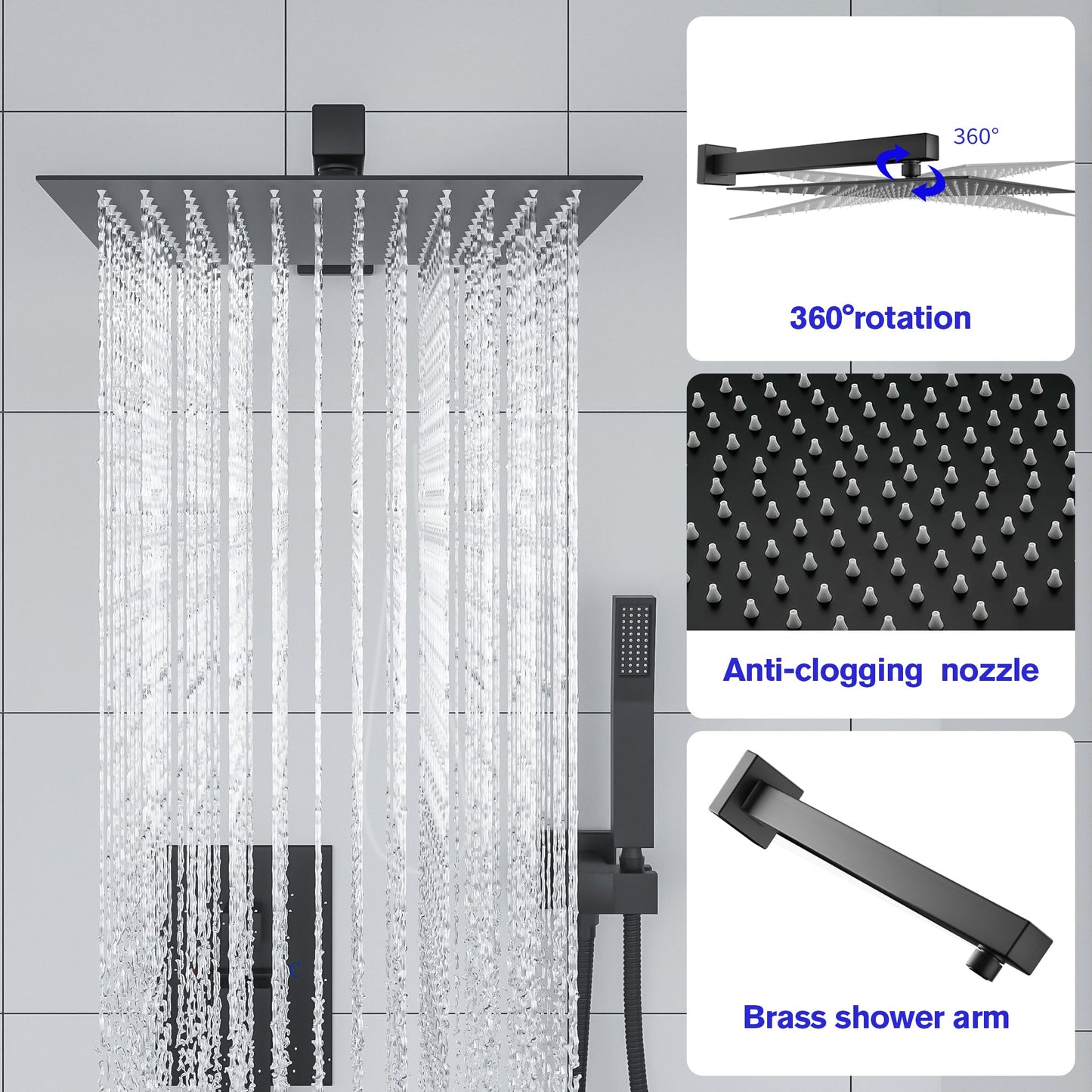 Lordear Shower System 12 Inch Black Shower Combo System Luxury Rain Mixer Shower Combo Set Wall Mounted Rainfall Shower Head System 12 Inch Square Rain Shower Faucet Set Matt Black | Big Deal, Shower Faucets & System, Shower Head with Handheld | Lordear