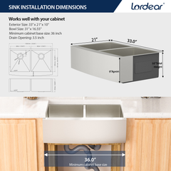 Lordear 33'' Double Bowl Apron Front Stainless Steel Farmhouse Sink