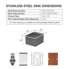 Lordear 15x19-inch Brushed Stainless Steel Undermount Workstation Bar & Prep Sink
