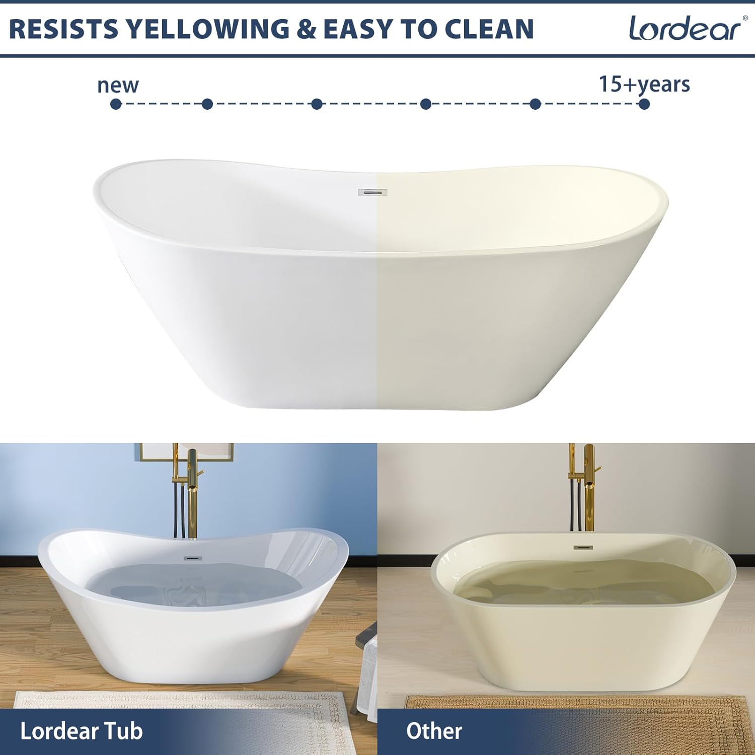 Lordear White Acrylic Dual-Back Freestanding Bathtub with Overflow and Drain