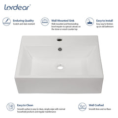 Lordear 20'' x 18'' White Rectangle Ceramic Wall Mount Bathroom Sink