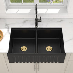 Lordear 33" Black Fireclay Farmhouse Sink Apron Front Double Bowl Workstation Sink