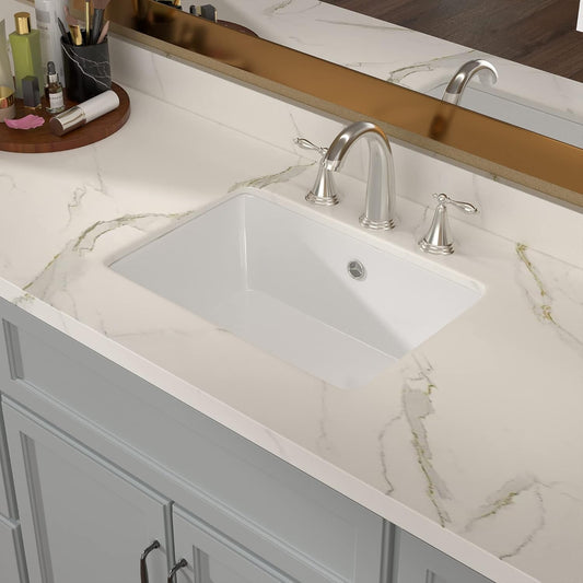 Lordear White Ceramic Rectangle Undermount Bathroom Vanity Sink with Overflow