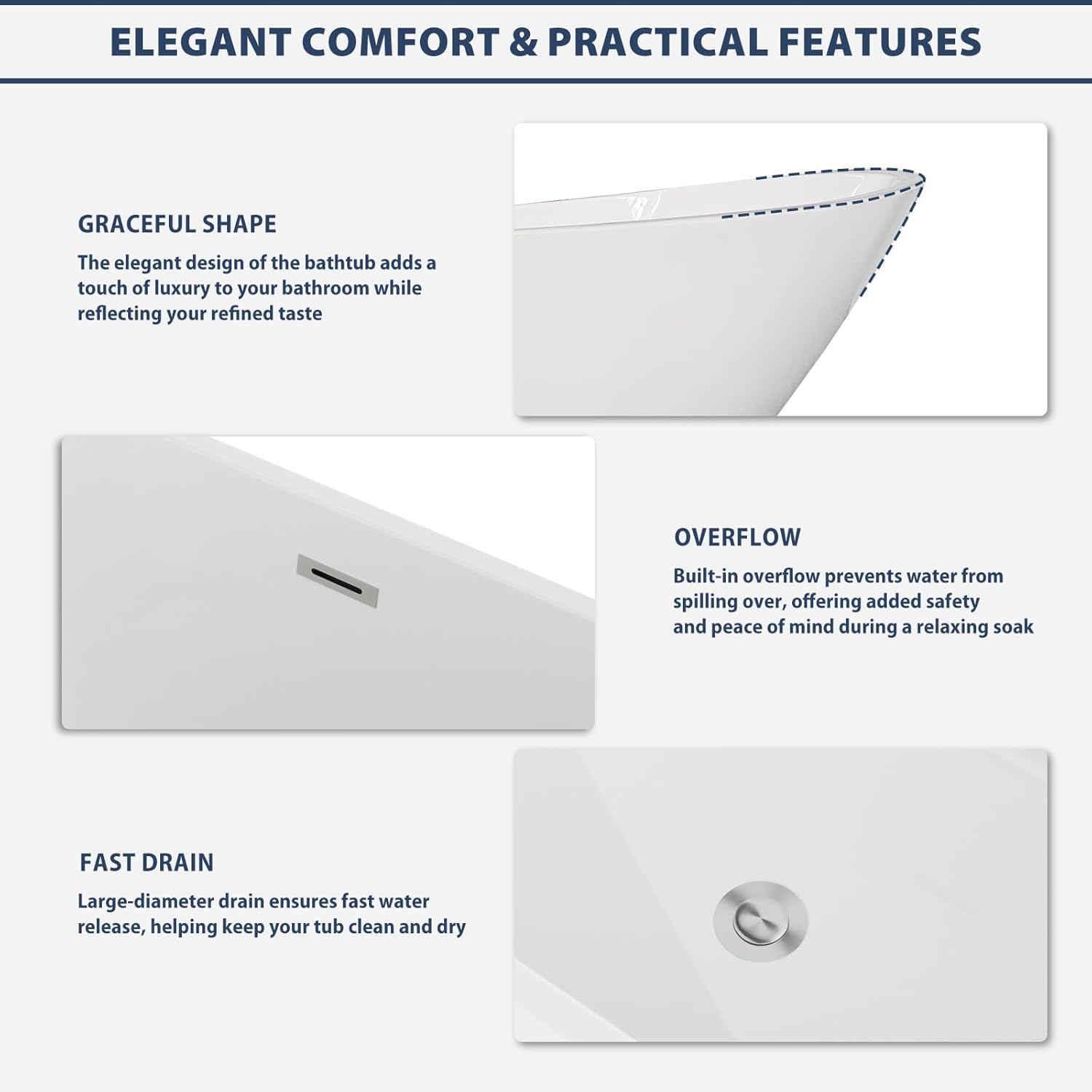 Lordear White Acrylic Dual-Back Freestanding Bathtub with Overflow and Drain