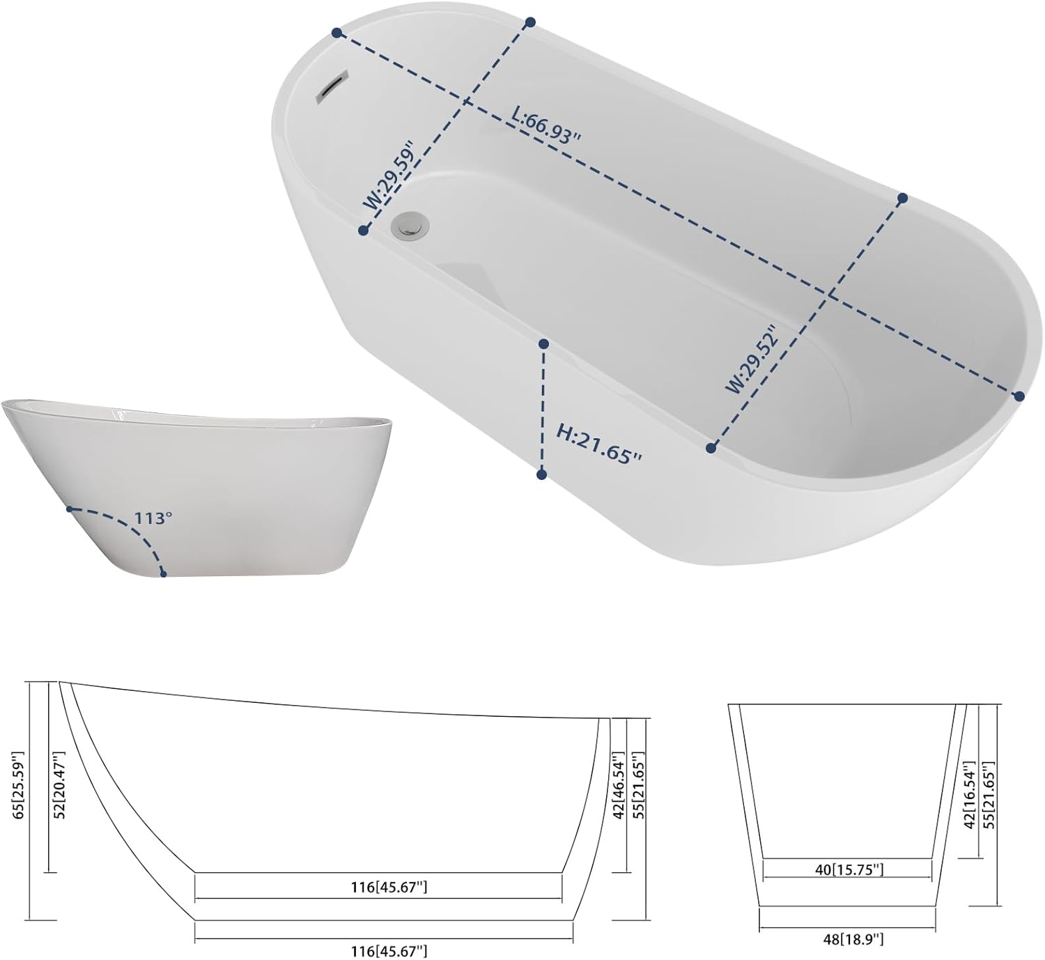 Lordear White Acrylic Backrest Freestanding Bathtub with Overflow and Drain