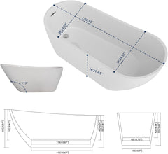 Lordear White Acrylic Backrest Freestanding Bathtub with Overflow and Drain
