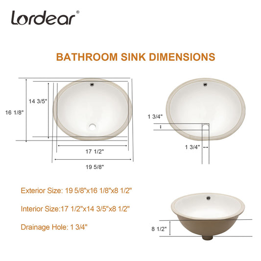 Lordear Undermount White Ceramic Oval Bathroom Sink with Overflow