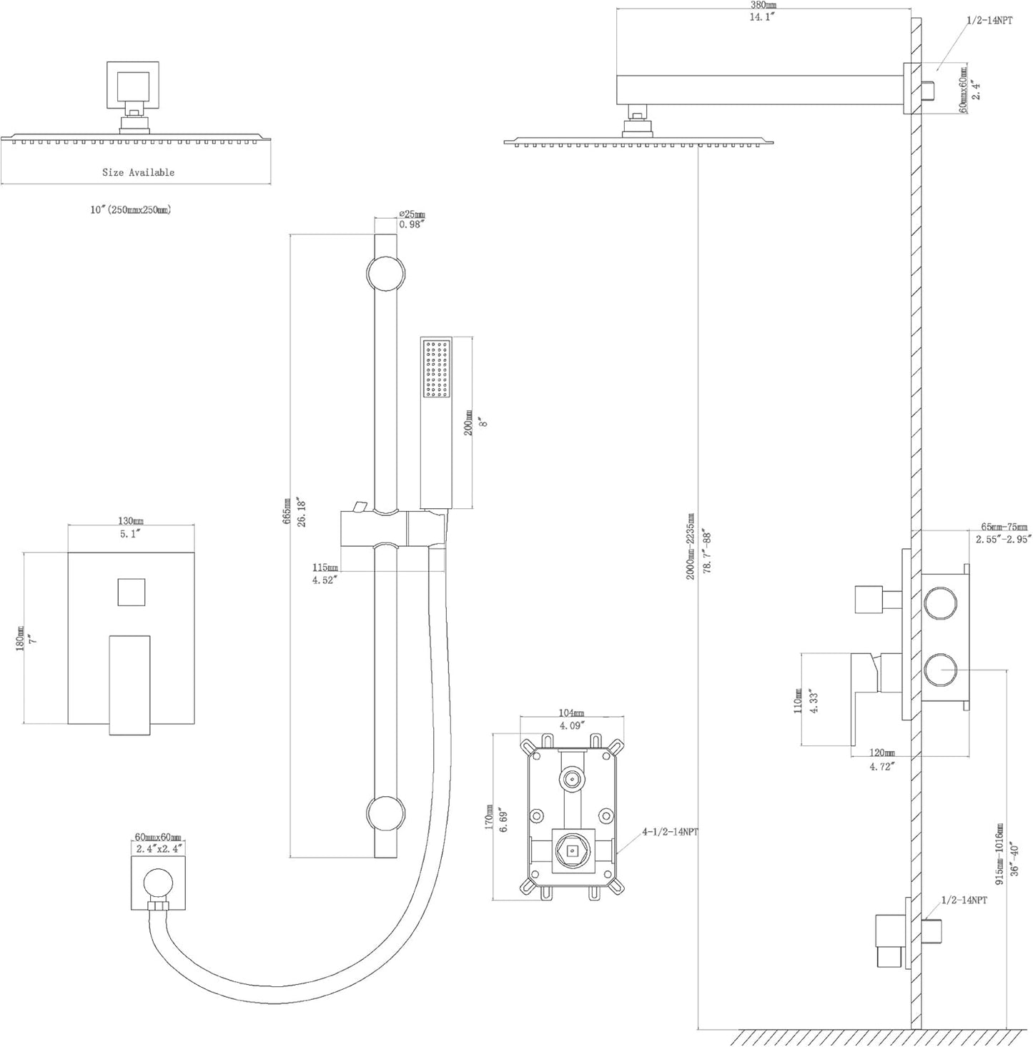 Lordear High Pressure Black 10 Inch Shower System Wall Mounted Faucet Set Stainless Steel Shower Head with Handheld Sliding Bar and Brass Valve Included  from Lordear