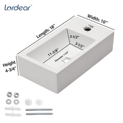 Lordear 18''x 10'' White Ceramic Rectangle Wall Mounted Bathroom Sink