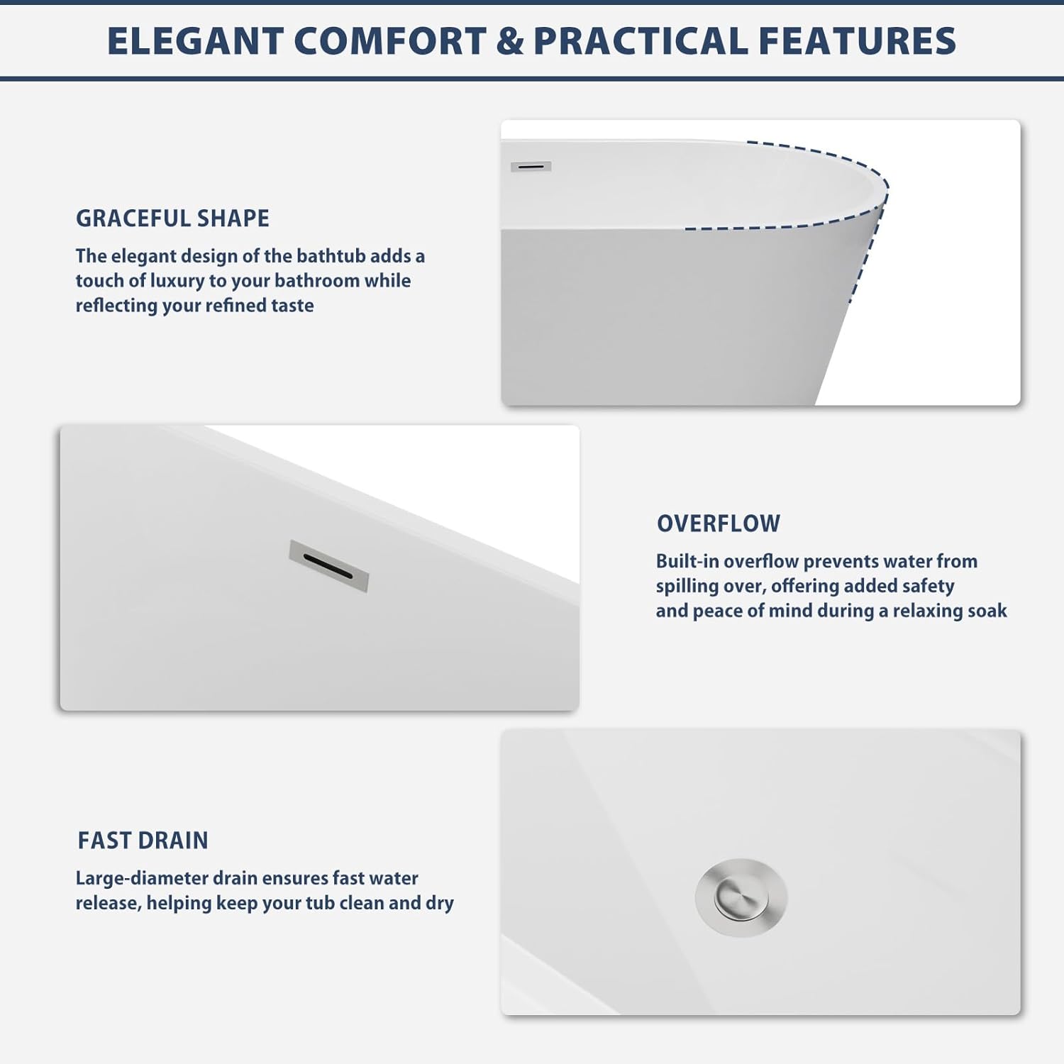 Lordear 63'' White Acrylic Oval Freestanding Bathtub with Overflow and Drain