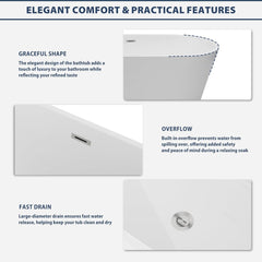 Lordear 63'' White Acrylic Oval Freestanding Bathtub with Overflow and Drain