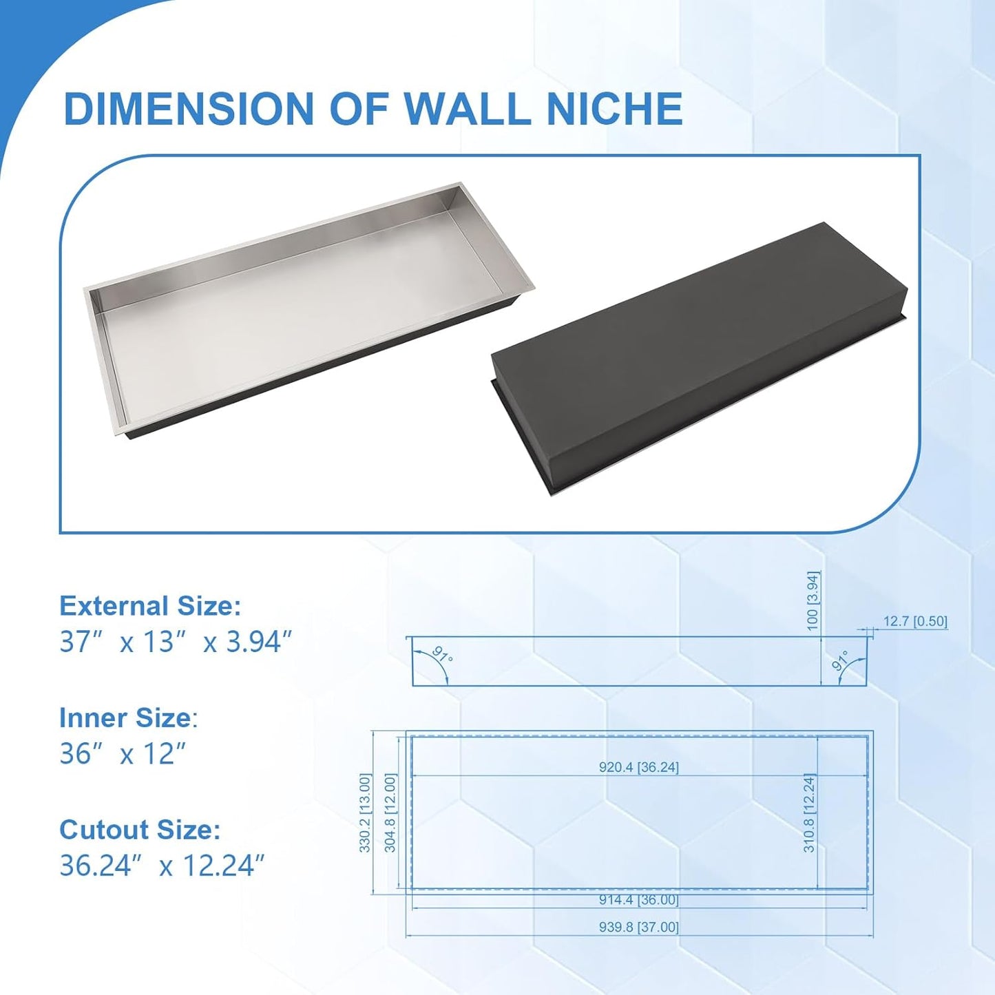 Lordear 36" x 12" Rectangle Shower Niche Double Bathroom Shelf No Tile Needed Recessed Wall Niche Insert for Storage