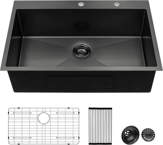 Lordear Stainless Steel Gunmetal Black Drop-in Single Bowl Kitchen Sink 1500