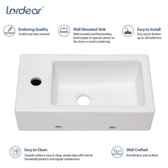 Lordear 18''x 10'' White Ceramic Rectangle Wall Mounted Bathroom Sink
