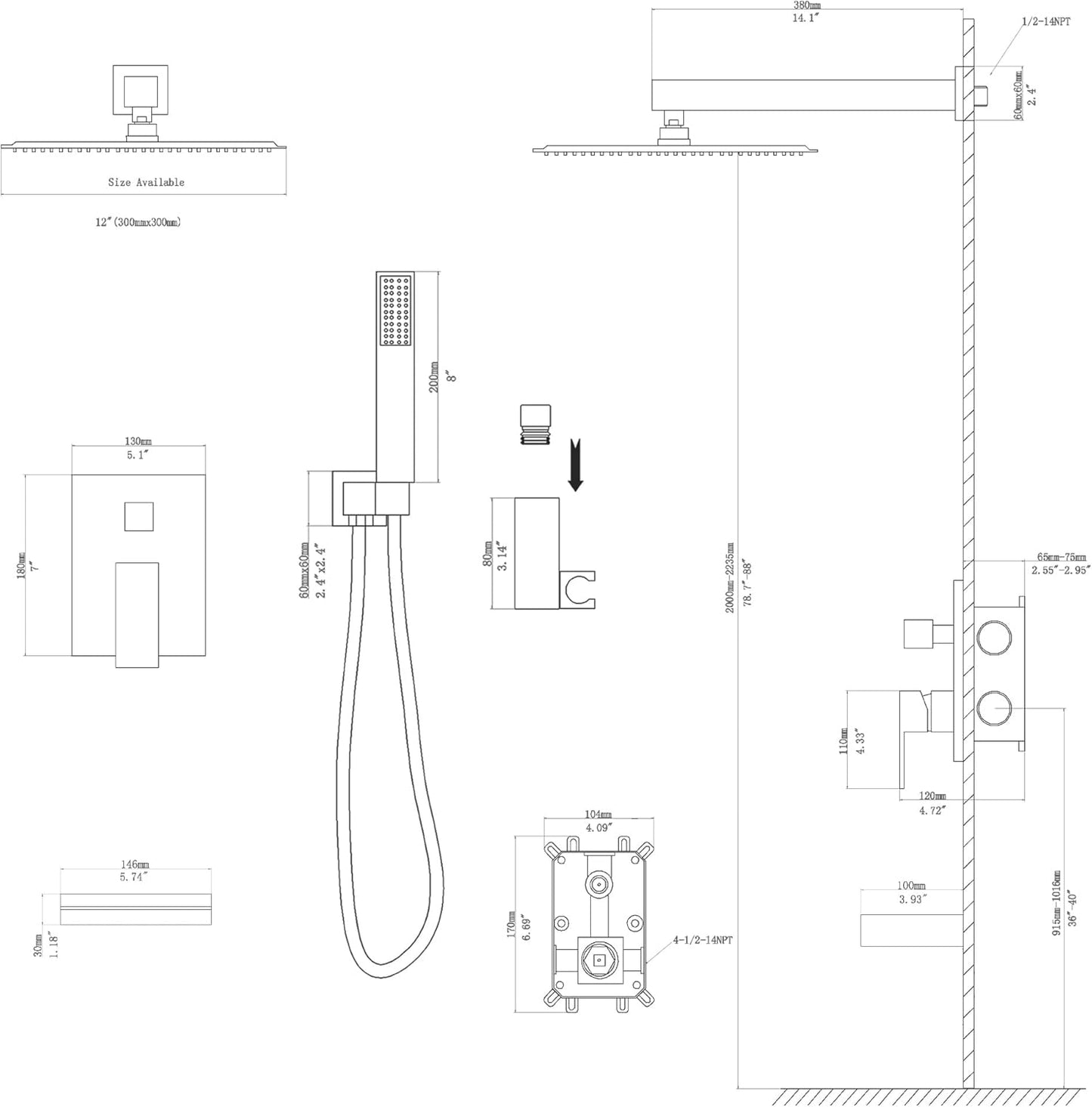 Lordear Rain Shower System 12 Inch Shower Faucet Set Brushed Nickel,Stainless Steel Shower Head and Handheld, Waterfall Faucet and Brass Main Body Valve Included, Wall Mounted  from Lordear