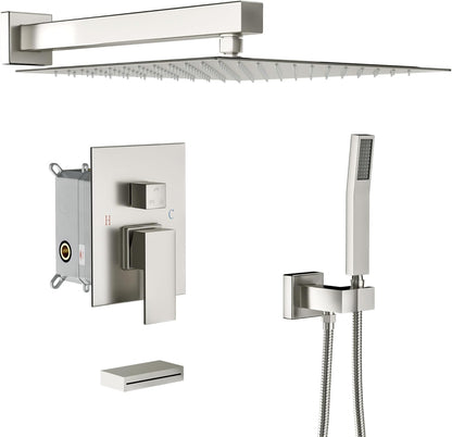 Lordear Rain Shower System 12 Inch Shower Faucet Set Brushed Nickel,Stainless Steel Shower Head and Handheld, Waterfall Faucet and Brass Main Body Valve Included, Wall Mounted  from Lordear